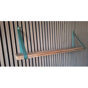 Hoexs - Mango Hout 70 cm - Leren Plankdragers Groen - Vintage Wandplank