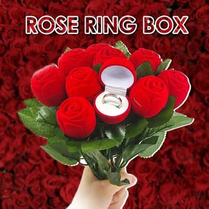 Eeuwige Rode Roos Bloemen Ring Box (LEEG) Bruiloft Feestartikelen Simulatie Bloem Met Bladeren Geschenkdoos Valentijnsdag Cadeau Trouwring Elegante Verpakking Doos