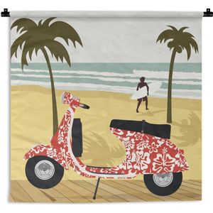 Wandkleed Vespa illustratie - Illustratie van een rode Vespa op het strand Wandkleed katoen 120x120 cm - Wandtapijt met foto