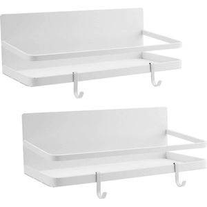 Set van 2 magnetische planken kruidenrek zonder boren kruidenhouder hangende plank keukenplank met 4 verwijderbare haken voor keukenkoelkast, 1 niveau, wit