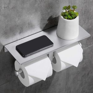 Toiletpapierhouder, zelfklevende toiletpapierhouder met aluminium rek, telefoonhouder voor keuken en badkamer, zilver