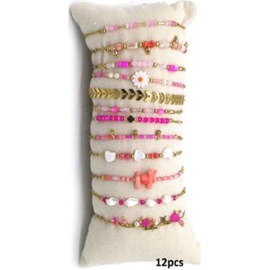 Armbanden Dames - Set 12 Stuks op Kussen - RVS - Lengte 17-21 cm - Goudkleurig en Roze