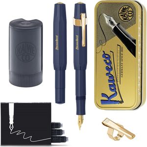 Kaweco - Cadeauset - (5delig) - Vulpen CLASSIC SPORT NAVY Fountain Pen - Fine - Vintage blikje - Oktogonal Clip Vergoldet - Patronen houder zwart - Vullingen