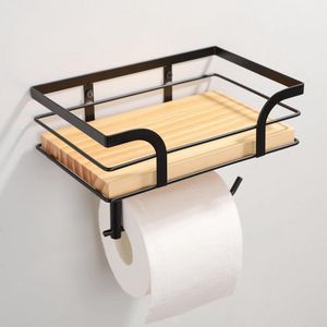 Toiletpapierhouder met legplank, houten plank, wc-rolhouder, wandmontage, voor badkamer