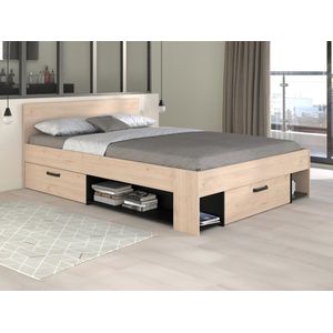 Vente-unique Bed 140 x 190/200 cm met opbergruimte - Kleur: naturel en zwart + bedbodem + matras - KINSELIA L 146 cm x H 76 cm x D 203.5 cm