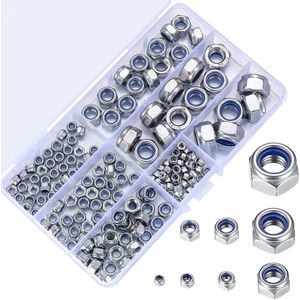 200 stuks BorgmoerenassortimentEdelstalen Zelfborgende Moeren, M3 M4 M5 M6 M8 M10 M12 Draadinzetstukken Zeskantmoeren Set, Diverse Nylon-Borgmoeren