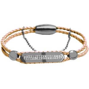 Silventi 980101675 Stalen Armband - Dames - Gevlochten - Met kristal - Magneet Sluiting - Beige - 19cm - Zilverkleurig - Leer
