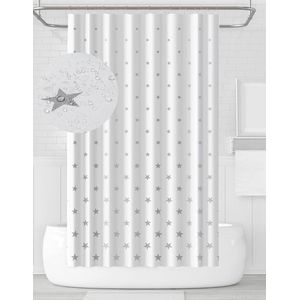 Douchegordijn textiel wit grijze ster, schimmelwerend douchegordijn voor badkamer, wasbaar, waterdicht met 12 douchegordijnringen, 180x180 cm