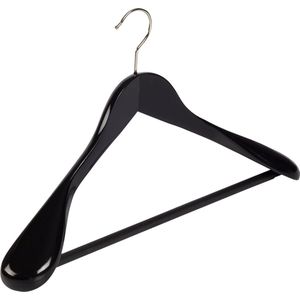 De Kledinghanger Gigant - Mantelhanger - Kostuumhanger - Jassenhanger - Volwassenen - 7256BA - 8 Stuks - Lotushout - Zwart Gelakt - Schouderverbreding 6 cm - Anti-slip Broeklat - 44 cm - Kledinghanger - Kleerhanger (7256BA_00/8)