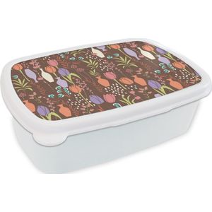 Broodtrommel Wit - Lunchbox - Brooddoos - Bloemen - Vaas - Patronen - 18x12x6 cm - Volwassenen