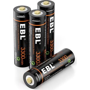 EBL 4-Pack Oplaadbare Batterijen AA - Rechargeable 3300 mWH AA Batterij met 2x 2in1 Oplaadkabel - Lithium Micro USB Batterijen - Duurzaam