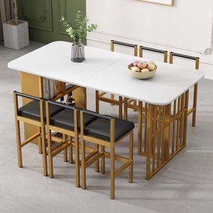 stalen frame keuken tafel, moderne eettafel, Familie eettafel stoel set, 1 eettafel, 6 stoelen,rechthoekige eettafel, eettafel stoelen, Wit en goud