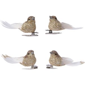 8x Decoratie glitter vogeltjes goud op clip 5 cm - Kerstboom decoratie vogeltjes - Kerstboomversiering