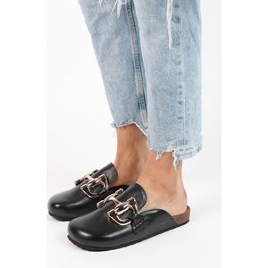 Sacha - Dames - Zwarte leren slip ons met chain - Maat 38