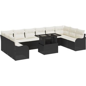 vidaXL - 11-delige - ligbed - set - met - kussens - zwart - poly - rattan