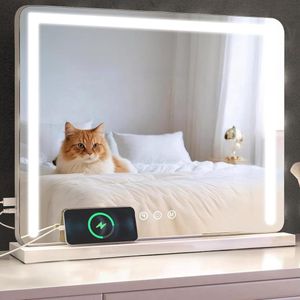 Make-upspiegel met verlichting - Hollywood-spiegel met ledlicht, dimbaar, 3 modi, 50 x 40 cm, tafelspiegel met USB - vergroting 10 x voor slaapkamer make-uptafel