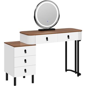 Kaptafel met LED-Verlichting – 3-Delige Verstelbare Lichtintensiteit – 360° Draaibare Spiegel – Inclusief Zijkast – 100x125x40 cm – Massief Hout, Metaal & Glas – Voor Slaapkamer – USB-Aansluiting – Veel Opbergruimte – Bruin/Wit Houtlook