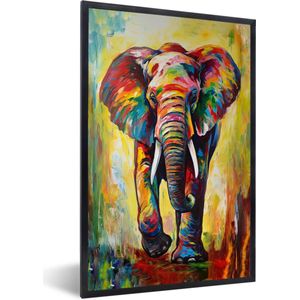 Poster in lijst - Olifant - Verf - Regenboog - Dieren - Fotolijst - Wanddecoratie - Poster - Slaapkamer - 60x90 cm - Kamerdecoratie - Foto in lijst - Muurdecoratie