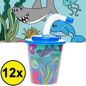 Decopatent® 12 STUKS ZEEDIEREN 3D Drink Beker met Rietje en Deksel - 250ML - Sea Life Plastic Bekers - Kinderfeestje - Kinderverjaardag Bekertjes - Traktatie - Uitdeelcadeaus