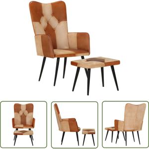 The Living Store Fauteuil met voetensteun echt leer en canvas bruin - Fauteuil - Lederen Fauteuil - Bruine Fauteuil - Lounge Stoel - Loungestoel