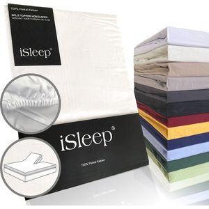 iSleep Perkal Split-Topper Hoeslaken - 100% Perkal Katoen - Rondom Elastiek - Litsjumeaux - 180x220 cm - Wit