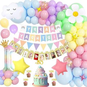 Verjaardagsdecoratie meisjes 1e verjaardag - regenboog Happy Birthday-banner - maandfotobanner - foliegradiënt 1 ballon - één taartdeksel - pastelballon - babyshower