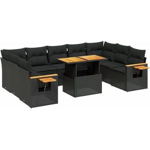 vidaXL - 10-delige - Loungeset - met - kussens - poly - rattan - zwart