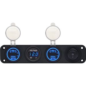ProRide 12V USB Autolader 4 Poorten - QC3.0 - Voltmeter en Schakelaar - Viervoudig inbouw paneel
