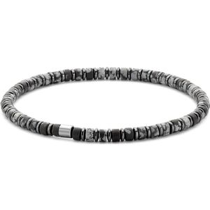 Frank 1967 7FB-0600 Kralen Armband - Heren - Beads - 4 x 2 mm - Snow Flake Obsidian (Vulkaanglas) - Staal - Rekbaar - 19 cm - Antraciet