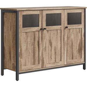Dressoir Keukenkast Opbergkast met Glazen Deuren voor Woonkamer Keuken Eetkamer Stalen Frame Industriële Stijl Kameel Bruin Inktzwart