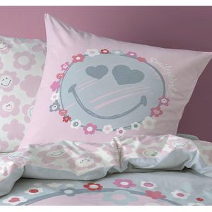 Smiley Beddengoed voor meisjes · Happy Flower · bloemen en sterren in roze, grijs · kussensloop 80 x 80 cm + dekbedovertrek 135 x 200 cm - tienerbeddengoed