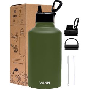 VANN® 3-Wandige waterfles 2 liter met rietje voor volwassenen – Met 5 accessoires – RVS waterjug 2L – Groen