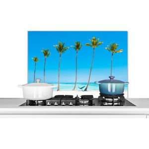 Spatscherm keuken 80x55 cm - Kookplaat achterwand Zee - Palmbomen - Hangmat - Muurbeschermer - Spatwand fornuis - Hoogwaardig aluminium