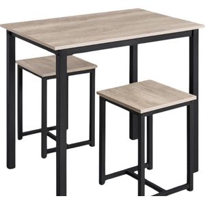 Bartafel Met Barstoelen - Bartafelset - 90 x 60 x 75 cm - Bartafel - Met - 2 Barkrukken - Bistrotafel - Eettafel - Keukentafel - Hout - Eetgroep - Voor - Keuken - Industrieel - Ontwerp - Grijs - Zwart