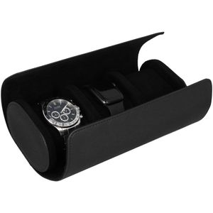 Aretica Horlogebox - Horlogedoos - Met 3 sleuven - Geschikt voor 3 horloges - Horloges opbergen - Watch box - Horloge accessoire - Watch Roll - Horloge etui- Bescherming - 3 compartimenten - Met kussentjes - Leer - Fluweel - Zwart - 10 x 22 x 7,5 cm