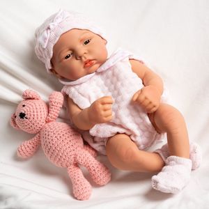 Reborn baby pop 'Elena' - 40 cm - Meisje met groene ogen - Zachte roze romper, mutsje, en sokjes - Full Body Vinyl - In geschenkdoos