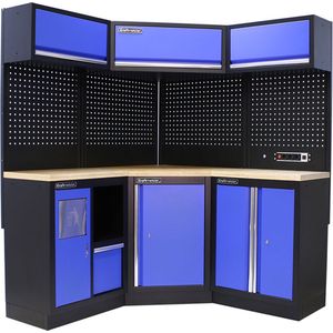 Kraftmeister werkplaatsinrichting - Werkbank met 3 wandkasten en multiplex werkblad - Werktafel met 2 opbergkasten, 1 prullenbak en gereedschapswand - Complete set voor werkplaats of garage - Blauw