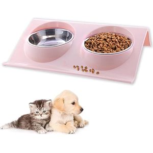 Dubbele kattenbakken, roestvrijstalen antislip kattenbak, 15° kantelbaar, dubbele voerbak, voor huisdieren, katten en kleine of middelgrote honden (roze)