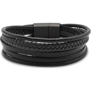 New Age Devi - Armband heren 19 cm leer zwart - Zwart kleurige sluiting staal - 4 delig set - Zwart leer gevlochten armband voor mannen met kralen