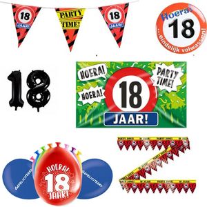 18 jaar versiering pakket - Versiering Verjaardag - Versiering 18 Jaar Verjaardag - Slingers - Gevelvlag - Ballonnen - Afzetlint - FolieBallon - Button