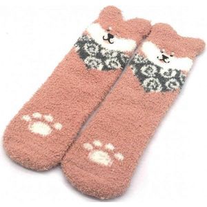 Fluffy sokken, warme wintersokken, 2 PAAR, huissokken, zacht, met hondenmotief, dog, maat one size (35-40), kleur roze, cadeautip!