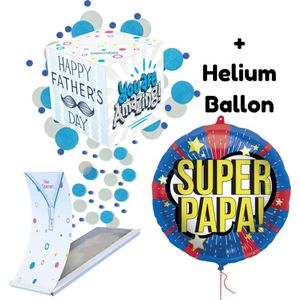 Boemby - Vaderdag Cadeautje - Exploderende Confettikubus - Vaderdag kaart - Vaderdag ballon - Super Papa - Vaderdag geschenkset - Origineel en Uniek