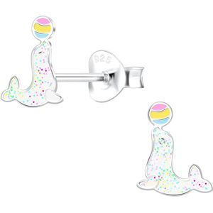 Joy|S - Zilveren zeehond oorbellen - 6 x 8 mm - glitter wit