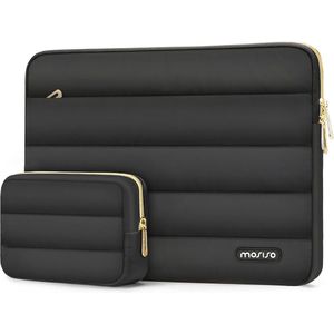 Laptophoes 13.3 inch - Zwart - 2-delige laptoptas met kleine opbergtas - 35 x 25 cm - Laptop sleeve - Laptopcover - Kleine tas voor accessoires - Gouden hardware - 13 inch - 2 stuks