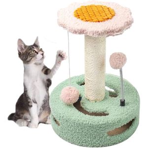 Krabpaal voor katten, 35 cm hoge krabpaal met observatiestandaard, pluche bal, stabiele krabpaal voor katten, stabiele zonnebloemvorm, kattenmeubel, klimtoren voor katten (Groen/Wit/Geel/Roze)