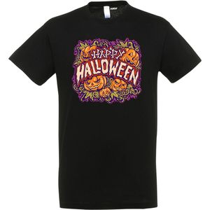 T-shirt kinderen Happy Halloween pompoen | Halloween kostuum kind dames heren | verkleedkleren meisje jongen | Zwart | maat 140