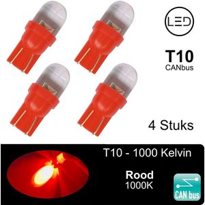 (Set 4 stuks) T10 Led Lampen Rood 1000K CANbus 5W5 | 290 Lumen | Type T10290-R | W5W | Led Signal Light | 12V | 168 | 194 | 4x | Stadslicht | 1SMD | 1000 | Kelvin | Autolampen | Car licht | Lamp |