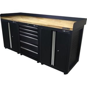 Kraftmeister werkbank 200 cm - Werktafel met 6 laden, 2 opbergkasten en eiken werkblad - Zwart