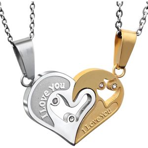 Hartjes Ketting Set voor Hem en Haar - I Love You - Zilver / Goud kleurig - Romantisch Liefdes Cadeau - Relatie Cadeau - Koppel Cadeau - Mannen Cadeautjes - Cadeau voor Man