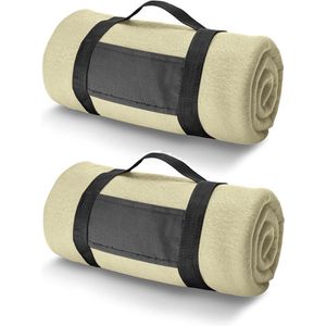 3x Fleece dekens/plaids zandkleurig met afneembaar handvat 150 x 120 cm  - Fleecedekens - Woonaccessoires
